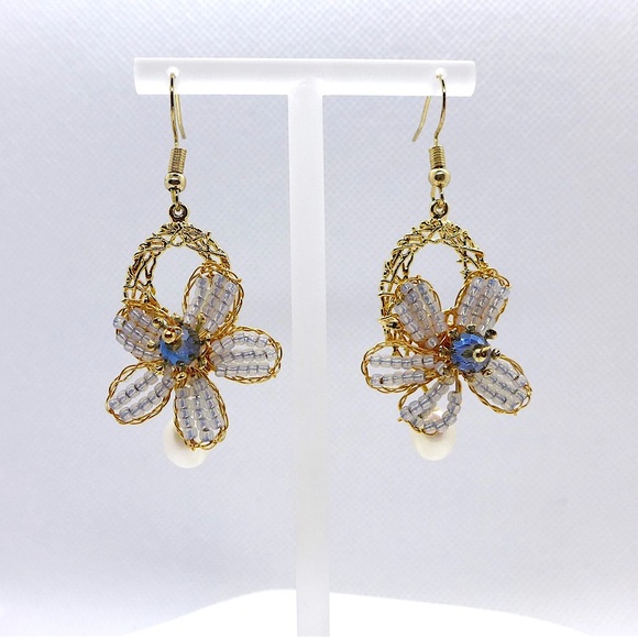 Brass Wire Wrapped Beads & Freshwater Pearl Chandelier Flower Earrings - Picture 3 of 7